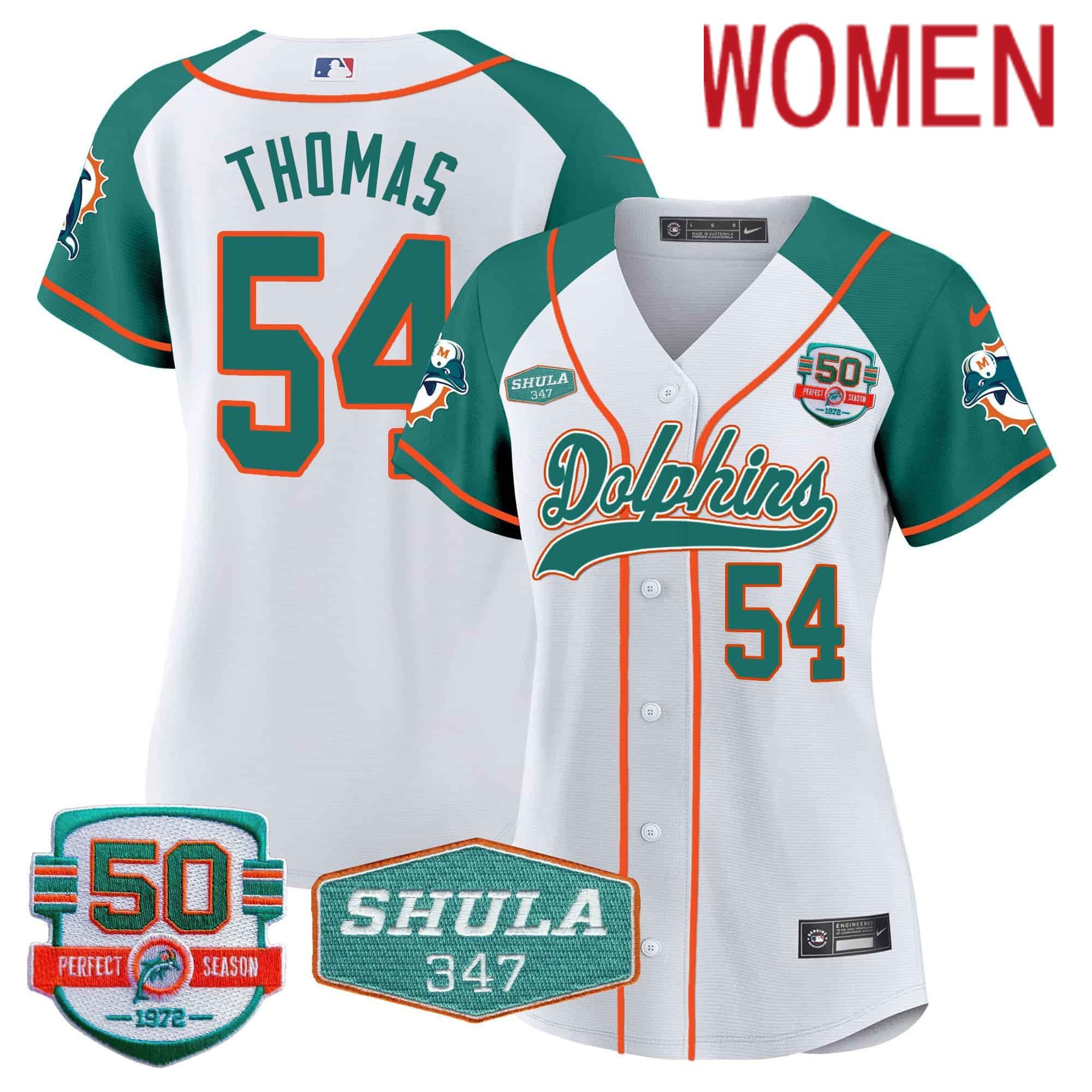 Women Miami Dolphins #54 Thomas White 2024 Nike 50th Don Shula Memorial Patch Baseball NFL Jersey style 1